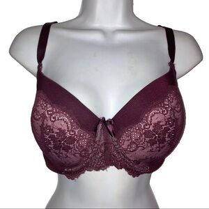Mariemeili Burgundy Lace Molded Cup Underwire Bra 40D